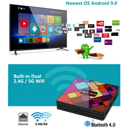 HK1COOL 4K UHD Smart TV Box with Remote Controller, Android 9.0 RK3318 Quad-core Cortex-A53, 4GB+32GB, Support WiFi & BT & AV & HDMI & RJ45 & TF Card-garmade.com