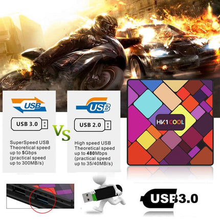HK1COOL 4K UHD Smart TV Box with Remote Controller, Android 9.0 RK3318 Quad-core Cortex-A53, 4GB+32GB, Support WiFi & BT & AV & HDMI & RJ45 & TF Card-garmade.com