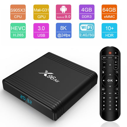 X96 Air 4K Smart TV BOX Android 9.0 Media Player wtih Remote Control, Quad-core Amlogic S905X3, RAM: 4GB, ROM: 64GB, Dual Band WiFi, Bluetooth, UK Plug-garmade.com