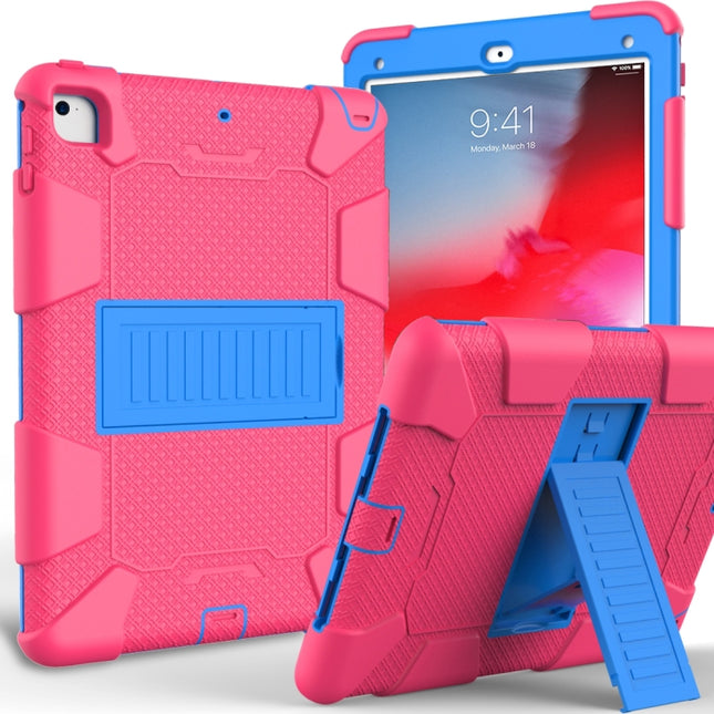 Shockproof Two-color Silicone Protection Shell for iPad 9.7(2018) & 9.7(2017) & Air 2, with Holder(Rose Red+Blue)-garmade.com