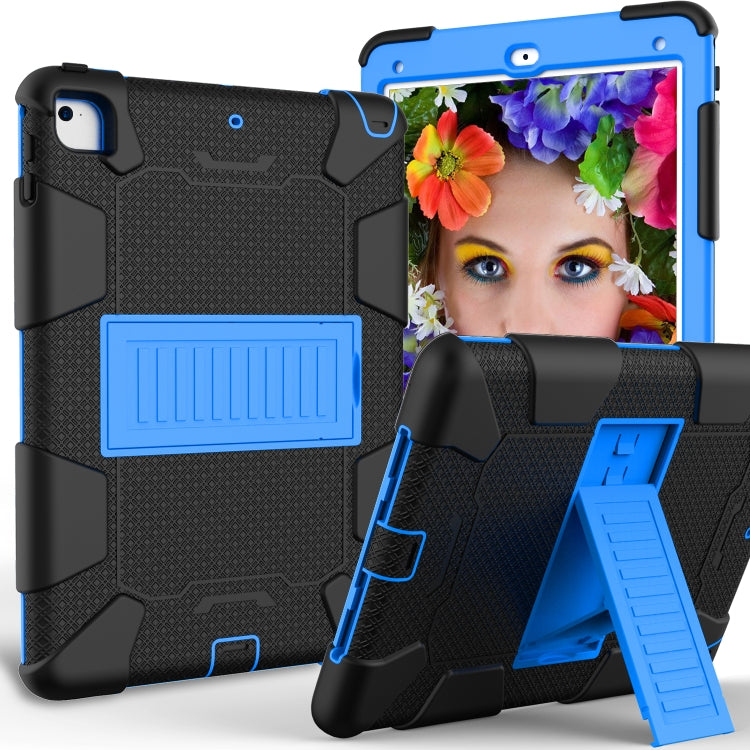 Shockproof Two-color Silicone Protection Shell for iPad 9.7(2018) & 9.7(2017) & Air 2, with Holder(Black+Blue)-garmade.com