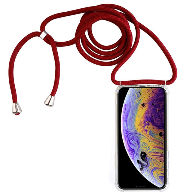 Four-Corner Anti-Fall Transparent TPU Mobile Phone Case With Lanyard for iPhone X / XS(Red)-garmade.com