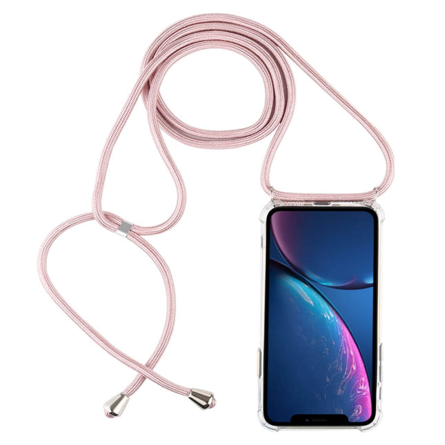 Four-Corner Anti-Fall Transparent TPU Mobile Phone Case With Lanyard for iPhone XR(Rose Gold)-garmade.com