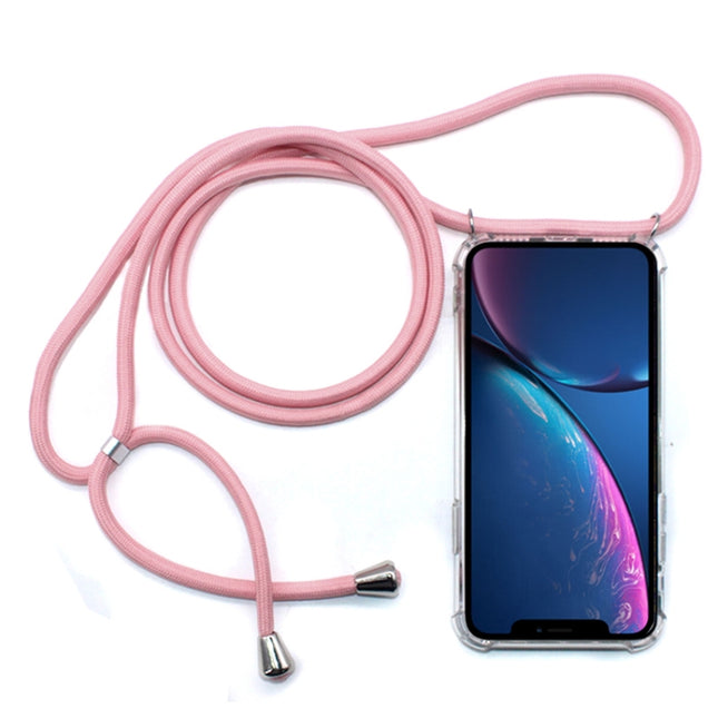 Four-Corner Anti-Fall Transparent TPU Mobile Phone Case With Lanyard for iPhone XR(Pink)-garmade.com