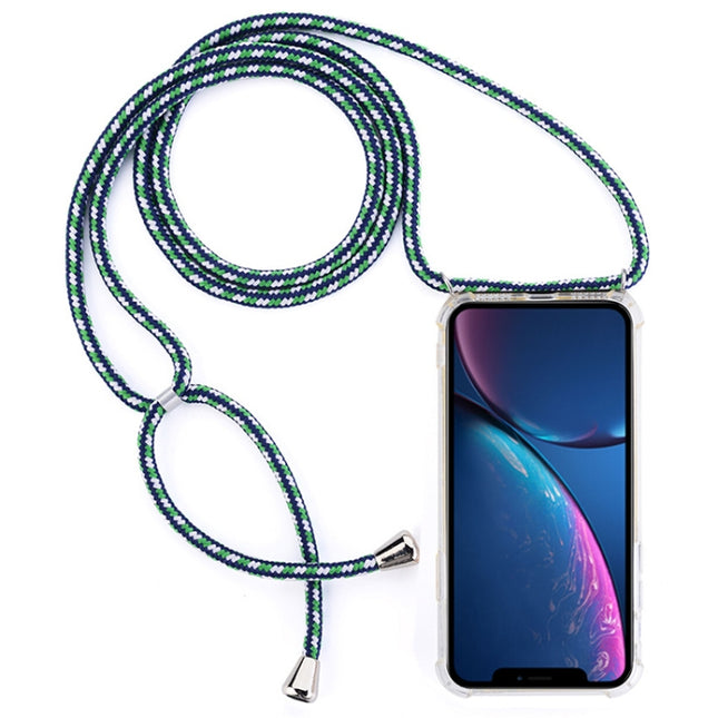 Four-Corner Anti-Fall Transparent TPU Mobile Phone Case With Lanyard for iPhone XR(Green White Blue)-garmade.com