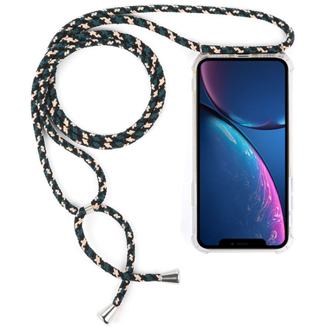 Four-Corner Anti-Fall Transparent TPU Mobile Phone Case With Lanyard for iPhone XR(Green Beige Black)-garmade.com