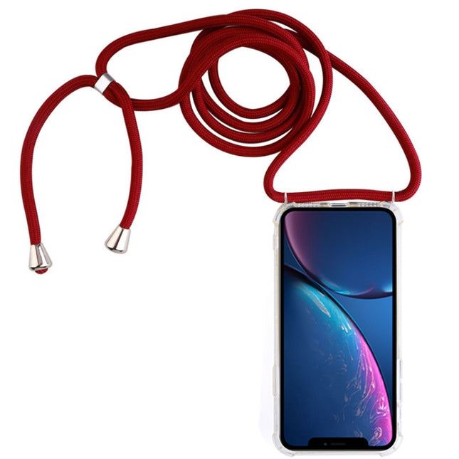 Four-Corner Anti-Fall Transparent TPU Mobile Phone Case With Lanyard for iPhone XR(Red)-garmade.com