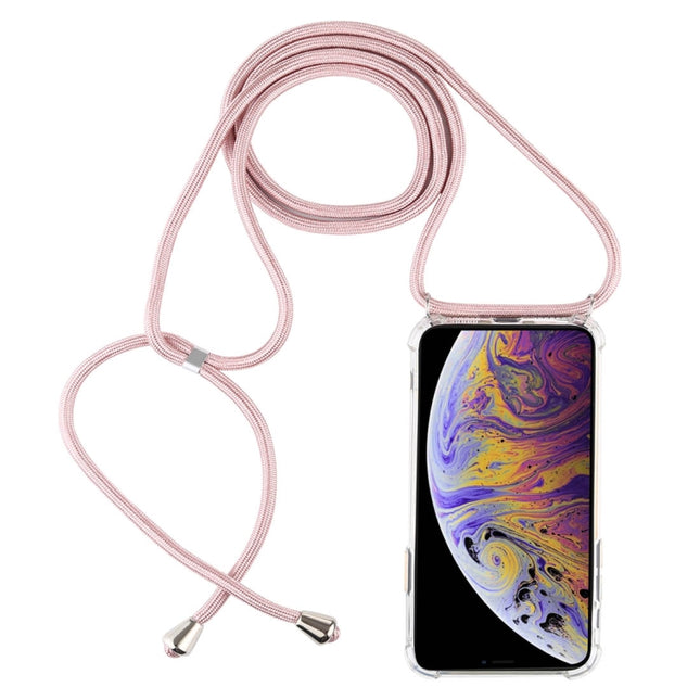 Four-Corner Anti-Fall Transparent TPU Mobile Phone Case With Lanyard for iPhone XS Max(Rose Gold)-garmade.com