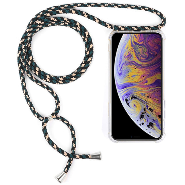 Four-Corner Anti-Fall Transparent TPU Mobile Phone Case With Lanyard for iPhone XS Max(Green Beige Black)-garmade.com