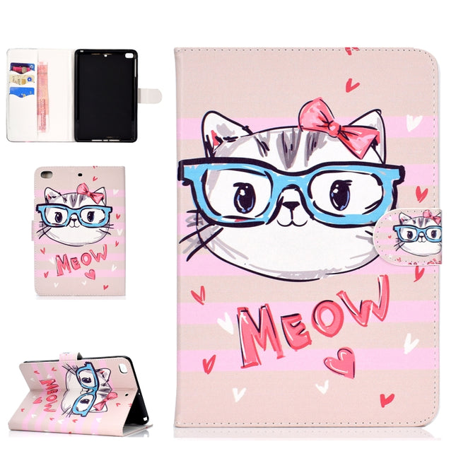 Colored Pattern Drawing Horizontal Flip PU Leather Case with Three-folding Holder & Sleep / Wake-up Function for Mini 1 / 2 / 3 / 4(Glasses cat)-garmade.com