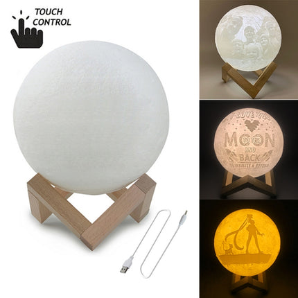 Customized Touch Switch 3-color 3D Print Moon Lamp USB Charging Energy-saving LED Night Light with Wooden Holder Base, Diameter:13cm-garmade.com
