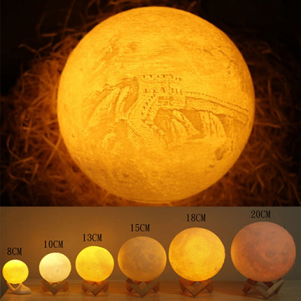 Customized Touch Switch 3-color 3D Print Moon Lamp USB Charging Energy-saving LED Night Light with Wooden Holder Base, Diameter:15cm-garmade.com