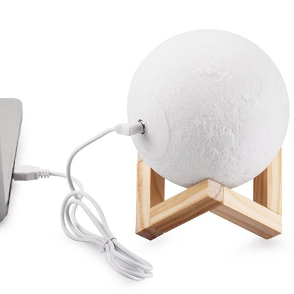 Customized Touch Switch 3-color 3D Print Moon Lamp USB Charging Energy-saving LED Night Light with Wooden Holder Base, Diameter:20cm-garmade.com