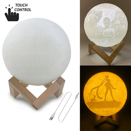 Customized Touch Switch 2-color 3D Print Moon Lamp USB Charging Energy-saving LED Night Light with Wooden Holder Base, Diameter:10cm-garmade.com