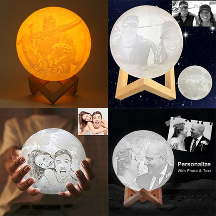 Customized Touch Switch 2-color 3D Print Moon Lamp USB Charging Energy-saving LED Night Light with Wooden Holder Base, Diameter:18cm-garmade.com