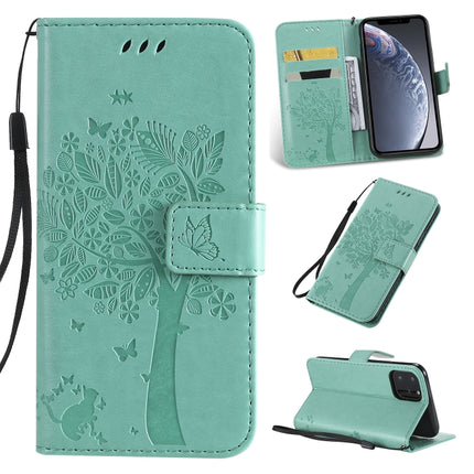 Tree & Cat Pattern Pressed Printing Horizontal Flip PU Leather Case with Holder & Card Slots & Wallet & Lanyard For iPhone 11 Pro(Green)-garmade.com