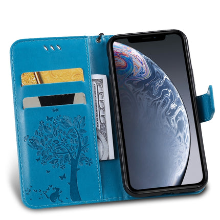Tree & Cat Pattern Pressed Printing Horizontal Flip PU Leather Case with Holder & Card Slots & Wallet & Lanyard For iPhone 11 Pro(Blue)-garmade.com