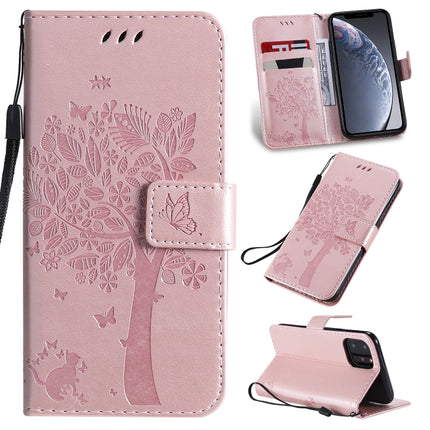 Tree & Cat Pattern Pressed Printing Horizontal Flip PU Leather Case with Holder & Card Slots & Wallet & Lanyard For iPhone 11 Pro(Rose Gold)-garmade.com