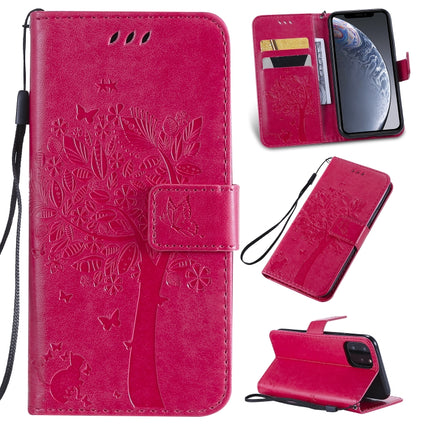 Tree & Cat Pattern Pressed Printing Horizontal Flip PU Leather Case with Holder & Card Slots & Wallet & Lanyard For iPhone 11 Pro(Rose Red)-garmade.com