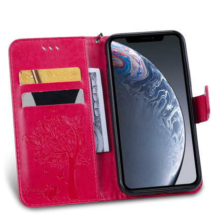 Tree & Cat Pattern Pressed Printing Horizontal Flip PU Leather Case with Holder & Card Slots & Wallet & Lanyard For iPhone 11 Pro(Rose Red)-garmade.com