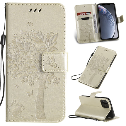 Tree & Cat Pattern Pressed Printing Horizontal Flip PU Leather Case with Holder & Card Slots & Wallet & Lanyard For iPhone 11 Pro(Gold)-garmade.com
