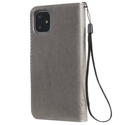 Tree & Cat Pattern Pressed Printing Horizontal Flip PU Leather Case with Holder & Card Slots & Wallet & Lanyard For iPhone 11(Grey)-garmade.com