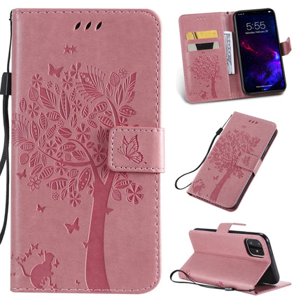 Tree & Cat Pattern Pressed Printing Horizontal Flip PU Leather Case with Holder & Card Slots & Wallet & Lanyard For iPhone 11(Pink)-garmade.com