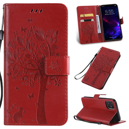 Tree & Cat Pattern Pressed Printing Horizontal Flip PU Leather Case with Holder & Card Slots & Wallet & Lanyard For iPhone 11(Red)-garmade.com