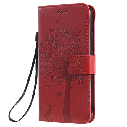 Tree & Cat Pattern Pressed Printing Horizontal Flip PU Leather Case with Holder & Card Slots & Wallet & Lanyard For iPhone 11(Red)-garmade.com