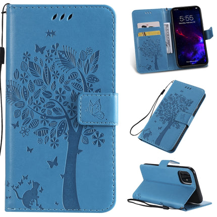 Tree & Cat Pattern Pressed Printing Horizontal Flip PU Leather Case with Holder & Card Slots & Wallet & Lanyard For iPhone 11(Blue)-garmade.com