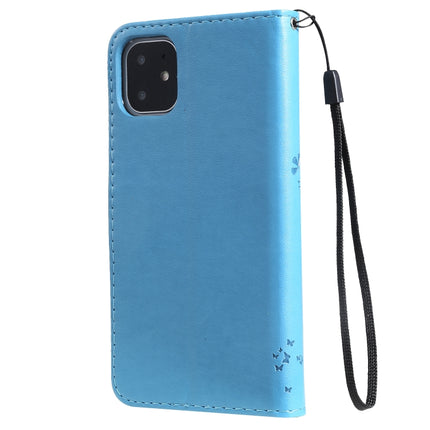 Tree & Cat Pattern Pressed Printing Horizontal Flip PU Leather Case with Holder & Card Slots & Wallet & Lanyard For iPhone 11(Blue)-garmade.com