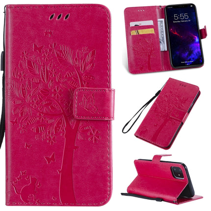 Tree & Cat Pattern Pressed Printing Horizontal Flip PU Leather Case with Holder & Card Slots & Wallet & Lanyard For iPhone 11(Rose Red)-garmade.com
