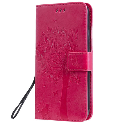 Tree & Cat Pattern Pressed Printing Horizontal Flip PU Leather Case with Holder & Card Slots & Wallet & Lanyard For iPhone 11(Rose Red)-garmade.com