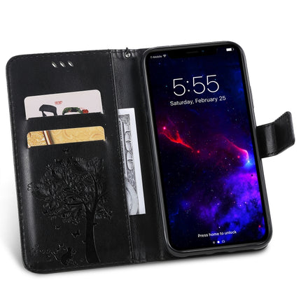 Tree & Cat Pattern Pressed Printing Horizontal Flip PU Leather Case with Holder & Card Slots & Wallet & Lanyard For iPhone 11(Black)-garmade.com