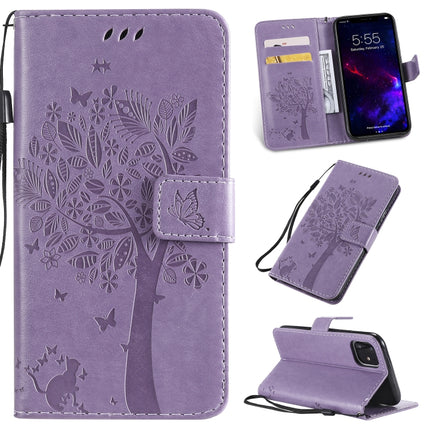 Tree & Cat Pattern Pressed Printing Horizontal Flip PU Leather Case with Holder & Card Slots & Wallet & Lanyard For iPhone 11(Light Purple)-garmade.com
