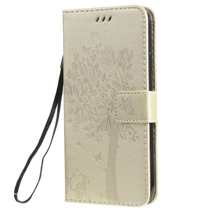 Tree & Cat Pattern Pressed Printing Horizontal Flip PU Leather Case with Holder & Card Slots & Wallet & Lanyard For iPhone 11(Gold)-garmade.com