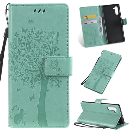 Tree & Cat Pattern Pressed Printing Horizontal Flip PU Leather Case with Holder & Card Slots & Wallet & Lanyard For Galaxy Note10(Green)-garmade.com