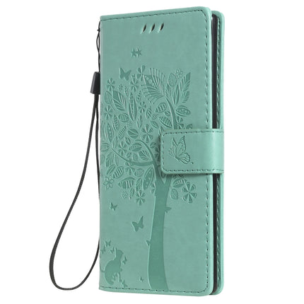 Tree & Cat Pattern Pressed Printing Horizontal Flip PU Leather Case with Holder & Card Slots & Wallet & Lanyard For Galaxy Note10(Green)-garmade.com