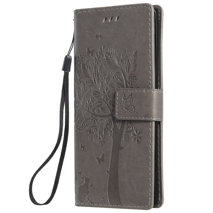 Tree & Cat Pattern Pressed Printing Horizontal Flip PU Leather Case with Holder & Card Slots & Wallet & Lanyard For Galaxy Note10(Grey)-garmade.com