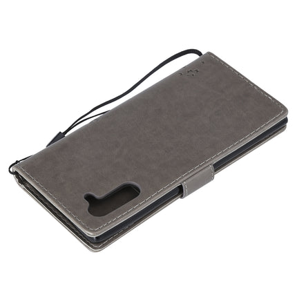 Tree & Cat Pattern Pressed Printing Horizontal Flip PU Leather Case with Holder & Card Slots & Wallet & Lanyard For Galaxy Note10(Grey)-garmade.com