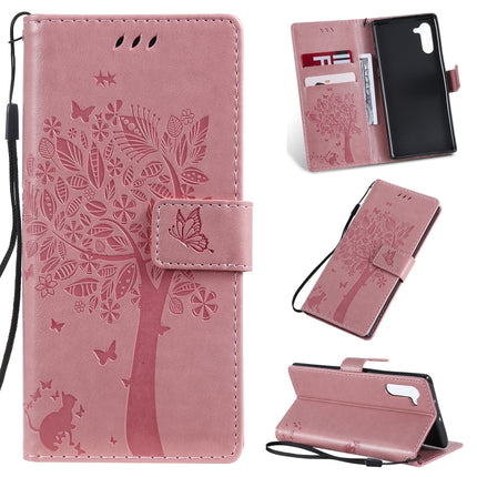 Tree & Cat Pattern Pressed Printing Horizontal Flip PU Leather Case with Holder & Card Slots & Wallet & Lanyard For Galaxy Note10(Pink)-garmade.com