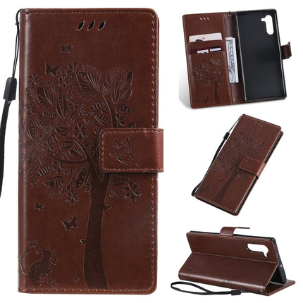 Tree & Cat Pattern Pressed Printing Horizontal Flip PU Leather Case with Holder & Card Slots & Wallet & Lanyard For Galaxy Note10(Brown)-garmade.com