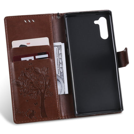Tree & Cat Pattern Pressed Printing Horizontal Flip PU Leather Case with Holder & Card Slots & Wallet & Lanyard For Galaxy Note10(Brown)-garmade.com