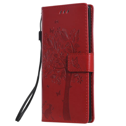 Tree & Cat Pattern Pressed Printing Horizontal Flip PU Leather Case with Holder & Card Slots & Wallet & Lanyard For Galaxy Note10(Red)-garmade.com