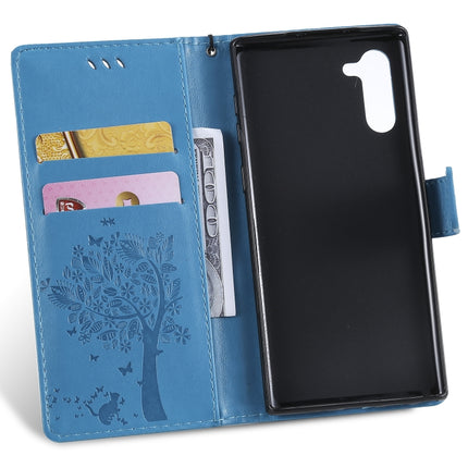 Tree & Cat Pattern Pressed Printing Horizontal Flip PU Leather Case with Holder & Card Slots & Wallet & Lanyard For Galaxy Note10(Blue)-garmade.com