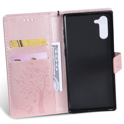 Tree & Cat Pattern Pressed Printing Horizontal Flip PU Leather Case with Holder & Card Slots & Wallet & Lanyard For Galaxy Note10(Rose Gold)-garmade.com