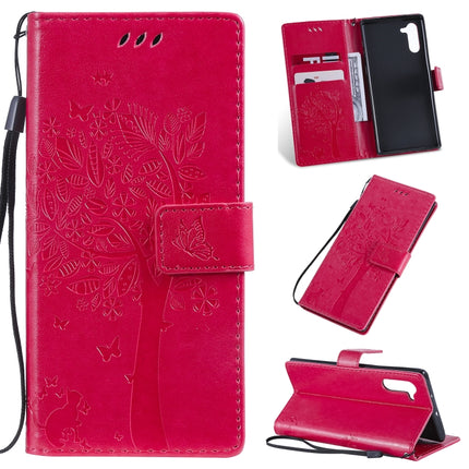 Tree & Cat Pattern Pressed Printing Horizontal Flip PU Leather Case with Holder & Card Slots & Wallet & Lanyard For Galaxy Note10(Rose Red)-garmade.com