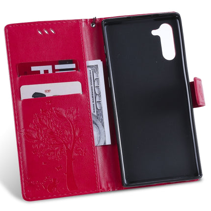 Tree & Cat Pattern Pressed Printing Horizontal Flip PU Leather Case with Holder & Card Slots & Wallet & Lanyard For Galaxy Note10(Rose Red)-garmade.com