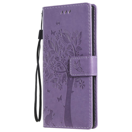 Tree & Cat Pattern Pressed Printing Horizontal Flip PU Leather Case with Holder & Card Slots & Wallet & Lanyard For Galaxy Note10(Light Purple)-garmade.com