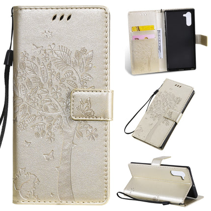 Tree & Cat Pattern Pressed Printing Horizontal Flip PU Leather Case with Holder & Card Slots & Wallet & Lanyard For Galaxy Note10(Gold)-garmade.com